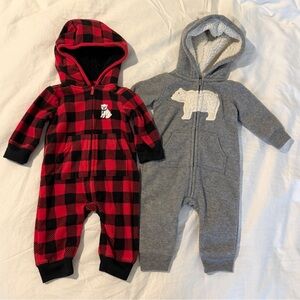 Carter’s Baby Hooded One Piece Outfit Lot of 2 - Red Plaid and Gray Bear, sz 3mo